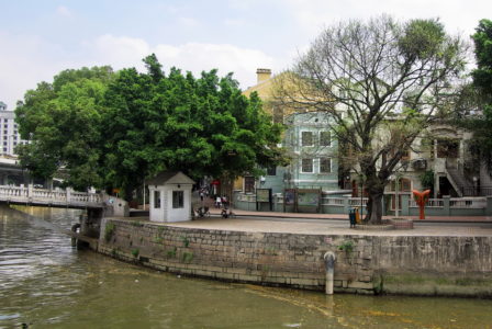 Shamian Island, separated from the mainland here by just a narrow canal and linked by a footbridge.