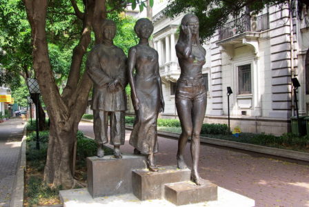 A famous bronze sculpture on Shamian Island, depicting the changes in women’s attire over just three generations.